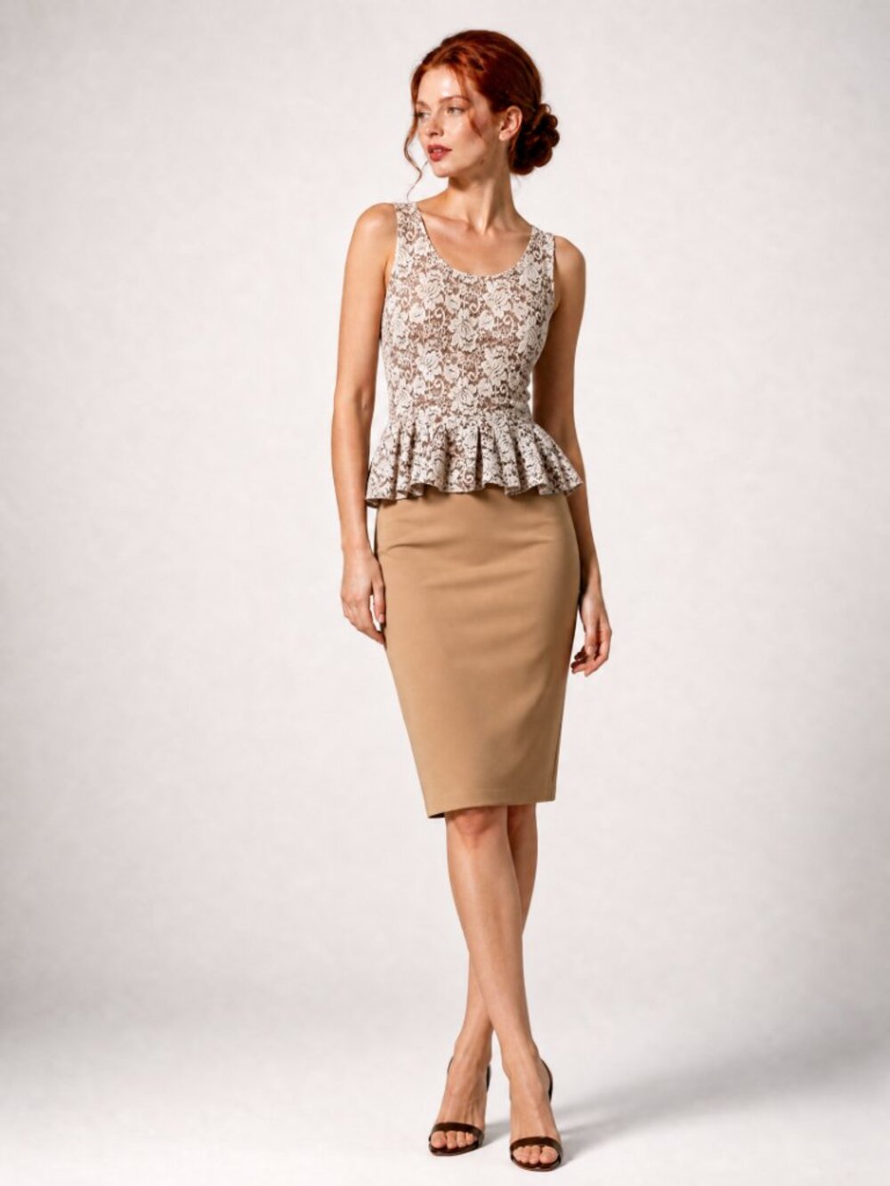 Free People Light Brown Lace Peplum Sleeveless Top